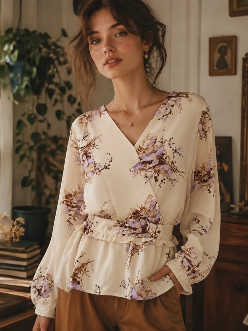June & Hudson Women’s Wrap Top Floral Size 1 (XL) Cream Peony Balloon Sleeve